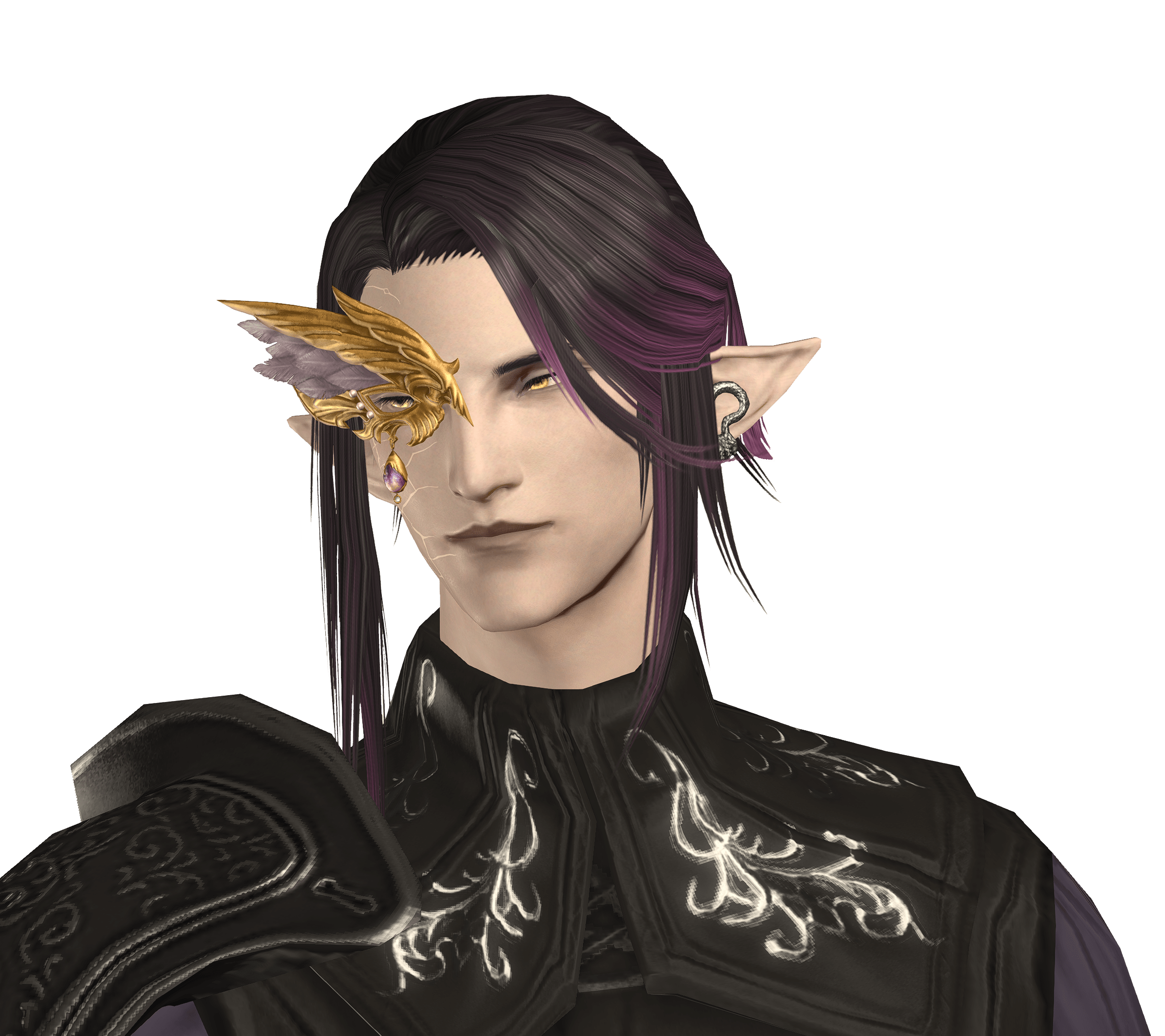 A screenshot of my FFXIV OC Aurlaux. He is an Elezen with purple hair and a gold eyepiece.